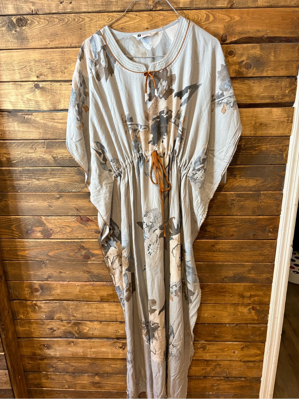 Jinal Light Gray Floral Drawstring Waist Maxi Dress caftan size large